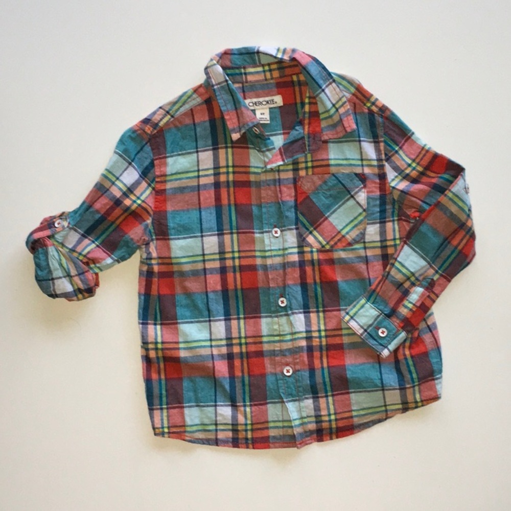 Boys Cherokee pink blue plaid button down shirt 5T